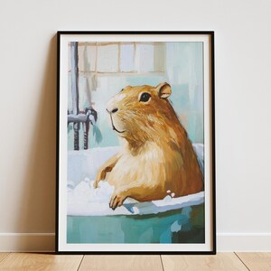 Cute Capybara in a Bathtub Funny Animal Poster Bathroom Art Modern Animal Print Unique Pet Print Impasto Painting Whimsical Wall Decor