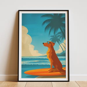 Póster de perro surfeando en la playa, impresión artística de viaje hawaiana, arte de pared de estilo vintage, decoración costera, póster de vacaciones de verano, regalo para amantes de los perros, casa de playa