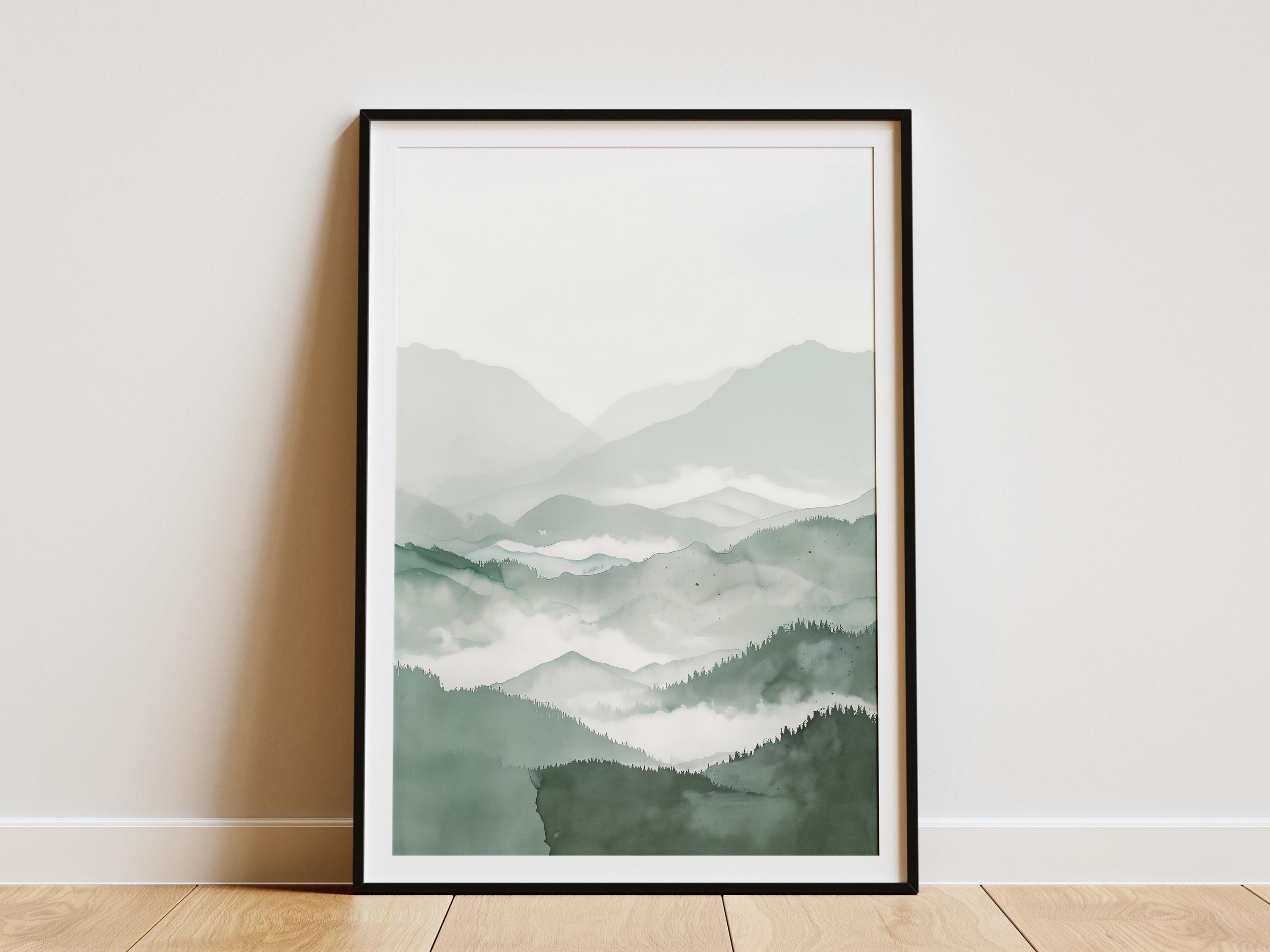 Minimalistisches Aquarell Bergdruck Japandi Wandkunst Abstrakte Neblige Berge Landschaft Poster Grüne Natur Kunst