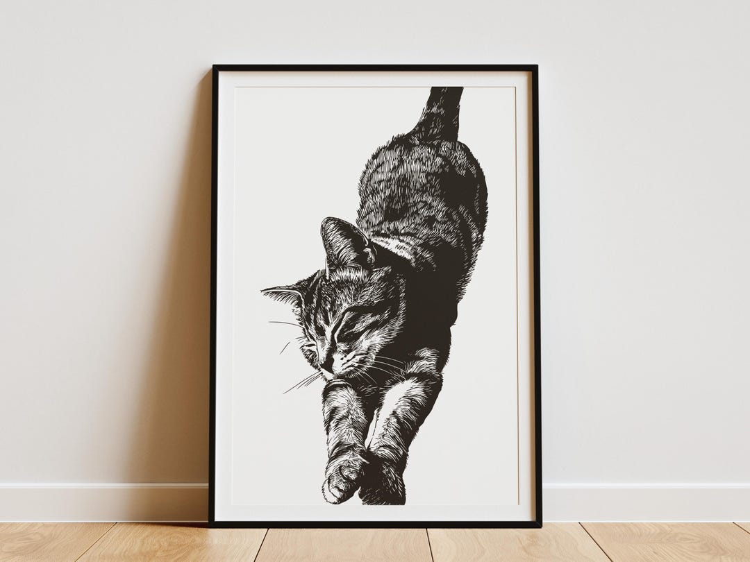 Minimalist Cat Stretching Wall Art Print Black and White Feline Home ...