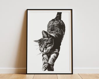 Minimalist Cat Stretching Wall Art Print Black and White Feline Home Decor Modern Animal Poster for Cat Lovers Pet Owners Gift