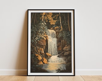Forest Waterfall Poster Print Nature Art Waterfall in Forest Pool Landscape Wall Art Home Decor Modern Art Print Calm Nature Scene Tranquil