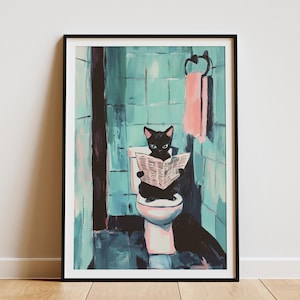 Impresión artística de gatito oriental de pelo corto en el inodoro leyendo el periódico, decoración de pared para baño, regalo para amantes de los gatos, póster divertido de animales, decoración única para el hogar
