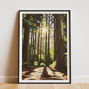 California Redwood Forest Poster Print Redwood National Park Art Redwood Forest Wall Art Sunlit Forest Print Nature Lover Gift Forest