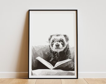Impresión artística de un lindo hurón leyendo un libro para amantes de los animales, ilustración de hurón en blanco y negro, decoración de pared, sofá acogedor, obra de arte para mascotas, póster de regalo