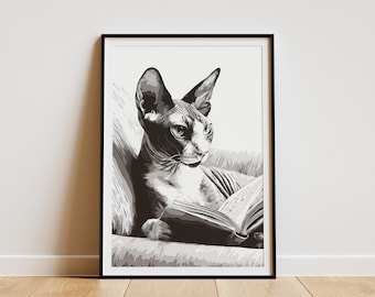 Sphynx Cat Reading Book Wall Art Print Elegant Monochrome Pet Lover Gift Literary Feline on Sofa Modern Decor Poster