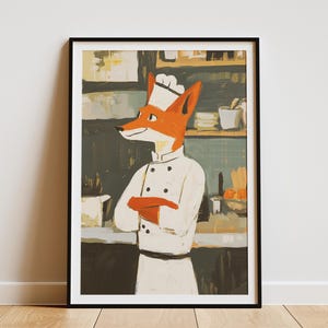 Póster de chef zorro, impresión artística de animales, decoración de cocina, ilustración de arte mural de cocina caprichosa, regalo único, regalo de chef, regalo para amantes de los zorros, estilo Matisse