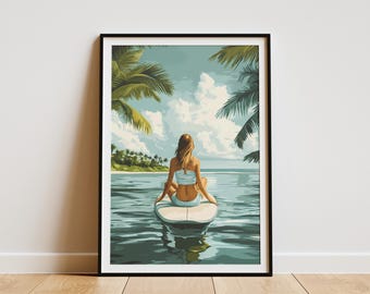 Impresión artística de chica surfista pacífica, decoración de pared costera hawaiana, póster de playa oceánica, ambiente de verano tropical, obra de arte de tabla de surf, escena de mar en calma