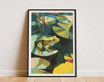 Retro Travel Poster Style Frog on Lily Pad Art Print Vintage Swamp Nature Wall Decor Serene Pond Wildlife Artwork for Home Decor Unique