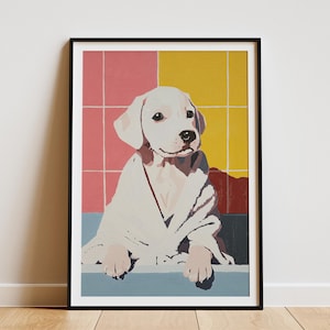 Szczeniak labradora w szlafroku Sztuka wydruku Uroczy szczeniak Sztuka ścienna Dekoracja łazienki Prezent dla miłośnika psów Sztuka pokoju dziecięcego Portret zwierzaka Dekoracja domu