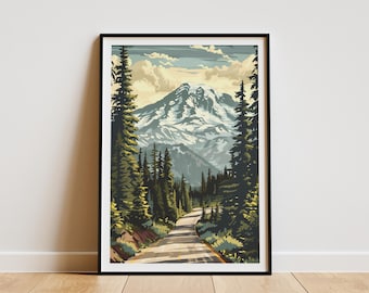 Mount Rainier National Park Poster Vintage Travel Poster Mountain Art Print Landscape Print National Park Art