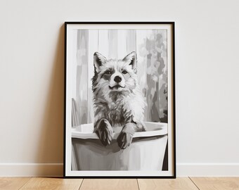 Arctic Fox Bathtub Poster Whimsical Animal Print Bathroom Wall Art Cute Fox in Tub Funny Animal Art Unique Home Decor  Print