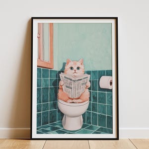 Póster de baño con gatito persa leyendo periódico, arte divertido de gato, decoración de pared de animales lindos, regalo para amantes de las mascotas, decoración peculiar para el hogar