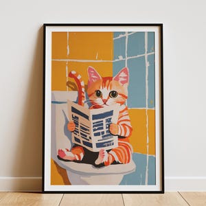 Póster de gatito americano de pelo corto leyendo el periódico en el inodoro, arte de pared para baño, impresión divertida de mascota, arte felino caprichoso, regalo para gato