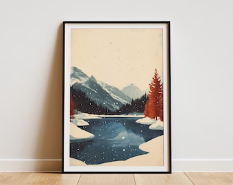 Winter Wonderland Frozen Lake Vintage Travel Poster Christmas Holiday Print Snowy Mountains Landscape Art Holiday Decor Cabin Decor Winter