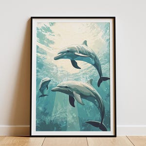 Ocean Dolphins Poster Aquatic Mammal Print Marine Wildlife Wall Art Sea Animal Decor Coastal Home Decor Dolphin Lovers Gift Nautical Themed