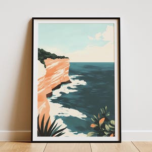 Póster de acantilado oceánico, arte de pared costero, impresión moderna del mar, pintura abstracta de paisaje, decoración del hogar, arte de playa azul, verde y naranja, vacaciones de verano