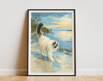 Ragdoll Cat Sunset Beach Walk Art Print Coastal Pet Lover Gift Serene Waterline Feline Wall Decor Unique Animal Ocean Landscape Poster