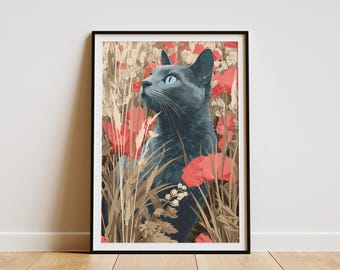 Russian Blue Cat in Poppy Field Wall Art Blue Cat Lover Gift Floral Meadow Animal Home Decor Print Nature Wildlife Art