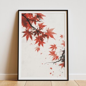 Póster de hoja de arce japonesa, arte de pared minimalista de otoño, impresión de hojas rojas, decoración botánica para el hogar, póster de papel de estilo zen asiático moderno, arte japonés