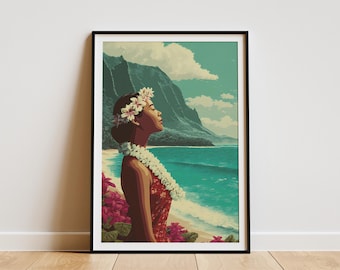 May include: Framed art print featuring a woman adorned with a flower crown and lei, set against a tropical beach scene. The artwork showcases a serene moment with a turquoise ocean, mountains, and vibrant pink flowers.