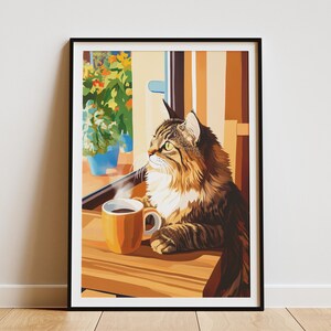 American Curl Cat poster gezellig café Art Print kitten muur decor koffieliefhebber cadeau schattige kat illustratie huisdier portret kat café poster