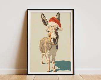 Christmas Donkey Santa Hat Art Print Festive Winter Animal Wall Decor Minimalist Holiday Farmhouse Style Illustration Gift for Home