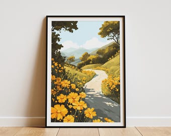 Yellow Marigold Flowers Country Road Landscape Poster Print Yellow Flower Meadow Art Cottagecore Aesthetic Summer Nature Wall Decor Boho