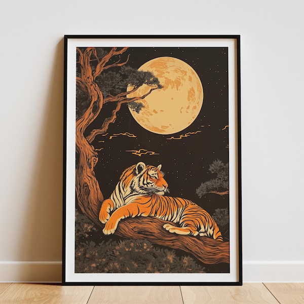 Tiger Under Full Moon Poster Traditional Chinese Art Print Lunar New Year Wall Decor Resting Tiger Illustration Home Decor Celestial Art