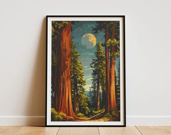 California Redwood Forest Poster Print Vintage Travel Poster Mid-Century Modern Nature Art