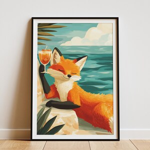 Summer Beach Fox Cocktail Poster Orange Fuchs Kunstdruck Küstentier Wanddekor Niedliche Fuchs Illustration Summer Vibes Decor Orange und Teal