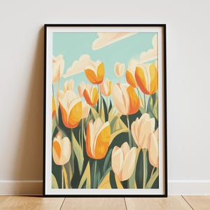Poster Campo di tulipani arancioni Stampa artistica floreale primaverile Decorazione murale botanica moderna Decorazione per la casa Stampa di fiori arancioni Boho Chic Flower Power Natura