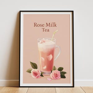 Póster de bebida de té con leche de rosa, ilustración de bebida, estética rosa suave, kawaii, linda comida, bebida, arte de pared, impresión, decoración del hogar