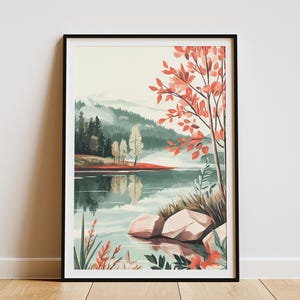 Póster de lago y bosque brumoso, impresión artística de naturaleza tranquila, paisaje pacífico, decoración de pared, ilustración botánica moderna, decoración serena para el hogar, escena tranquila