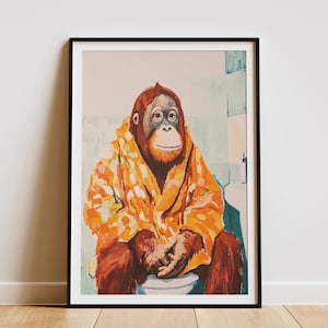 Orangutan in Bathrobe Bathroom Painting Art Print Funny Animal Poster Modern Primate Painting Unique Wall Decor Whimsical Orangutan