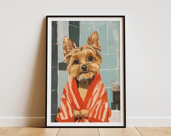 Stampa artistica con cane Yorkshire Terrier, decorazione da parete per il bagno, poster divertente con ritratto di animale domestico, regalo per gli amanti dei cani.