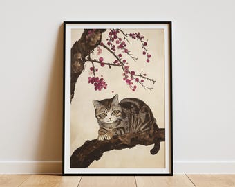 Cat Art Print Japanese Art Cat and Plum Blossom Poster Asian Wall Art Tabby Cat Print Traditional Chinese Art Cat Lover Gift Home Decor