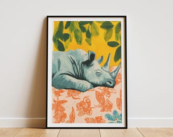 Matisse Style Rhino Sleeping in Bed Art Print Whimsical Animal Wall Art Gouache Painting Inspired Home Decor Unique Colorful Nursery Room