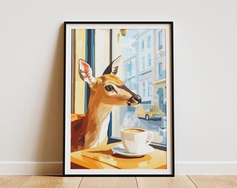 Deer In Cafe Poster Animal Lover Gift Coffee Shop Art Print Whimsical Wall Decor Quirky Illustration Cafe Society  Paper Poster