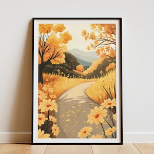 Country Lane Blumen Poster Gelbe Ringelblume Druck Goldene Blume Straßenkunst Natur Wanddekor Botanische Illustration Ruhige Landschaft Herbststraße