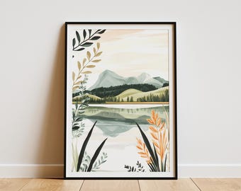 Plakat z krajobrazem górskim nad jeziorem, wydruk przyrodniczy, sztuka ścienna, spokojne jezioro, odbicie, wystrój botaniczny, nowoczesny, minimalistyczny wystrój domu, zielony i