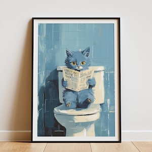 Póster de periódico con gatito azul ruso en el inodoro, divertido estampado de gato, arte peculiar para el baño, regalo para amantes de los gatos, decoración de pared novedosa, impresión artística para mascotas para el hogar