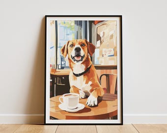 Dog Cafe Art Print Cozy Coffee Shop Dog Poster Dog with Coffee Cup Wall Art Whimsical Animal Art Coffee Lover Gift Home Decor
