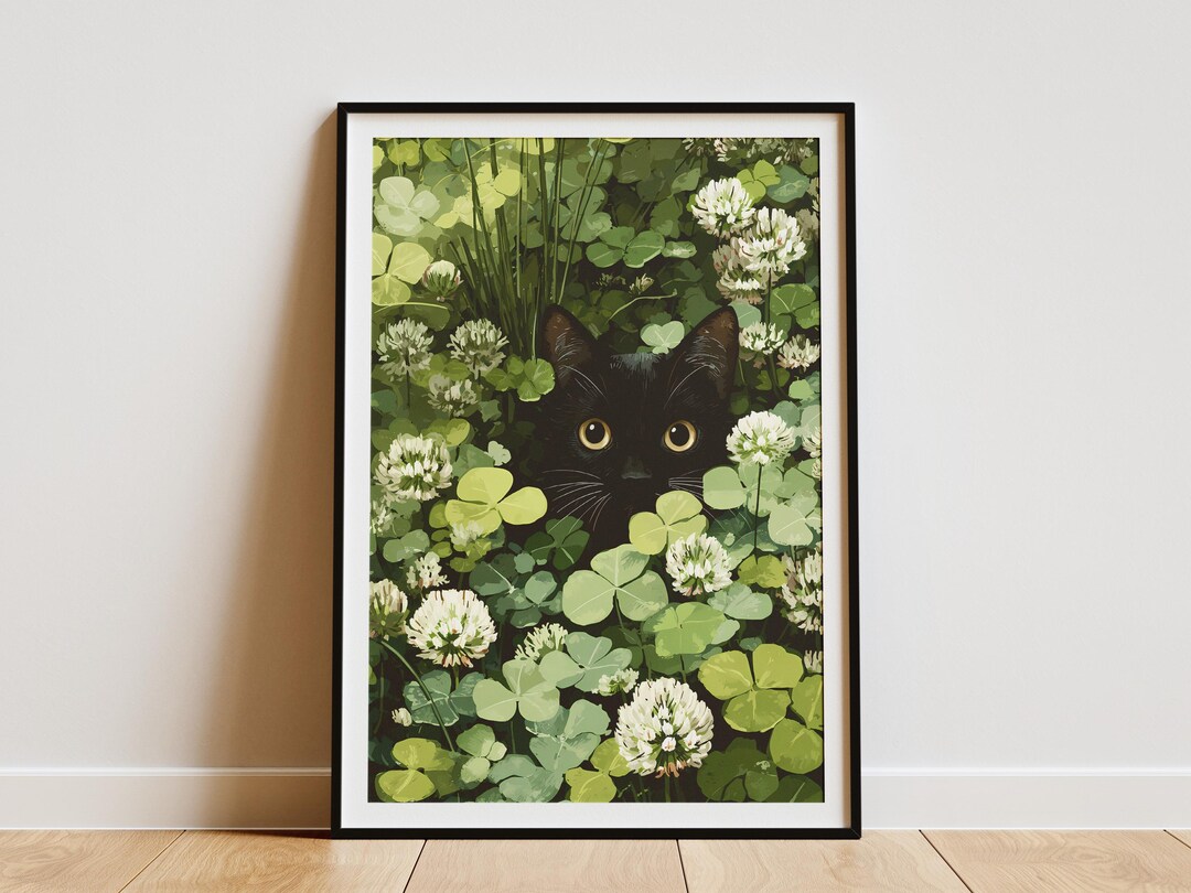 Black Cat Peeking Green Clover Field Nature Wall Art Print Modern ...