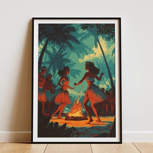 Vintage Hawaiian Hula Dancer Art Print Tiki Bonfire Poster Retro Island Wall Art Polynesian Dance  Paper Print Tropical Decor