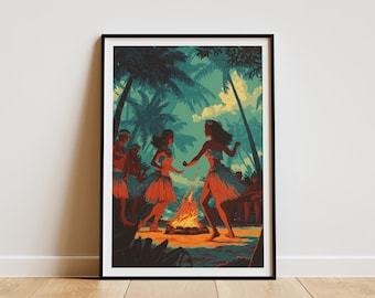 Vintage Hawaiian Hula Dancer Art Print Tiki Bonfire Poster Retro Island Wall Art Polynesian Dance  Paper Print Tropical Decor