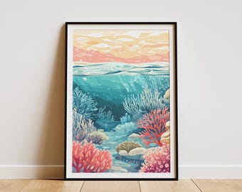 Ocean Coral Reef Poster Print Underwater Sea Life Wall Art Beach Home Decor Coastal Living Room Decor Summer Vacation Gift Pink Coral