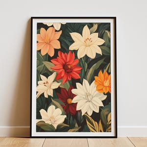 Dahlie Lilie Botanischer Garten Poster Druck Blumen Wand Kunst Wohnkultur Moderne Blumen Illustration Vintage Botanische Illustration Dunkelgrün