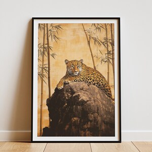 Impresión artística de leopardo, póster de bambú, ilustración de gato de la jungla, arte de pared de vida silvestre, regalo para amantes de los animales, decoración del hogar, póster de papel