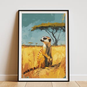Impresión artística de suricata, póster de sabana, arte de pared de animales, pintura de vida silvestre africana, estilo safari, decoración, póster de animales exóticos, ilustración de suricata